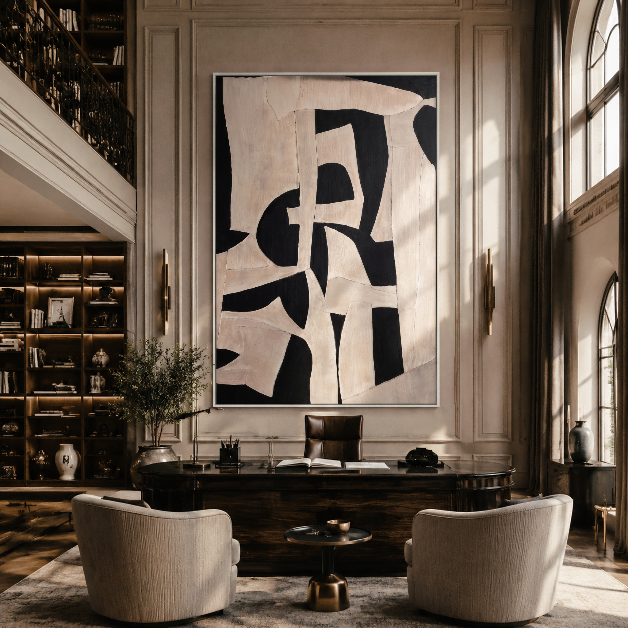 The Shifting Balance – Minimalist Black & Off-White Crackle Painting | High-End Abstract Hallway Art