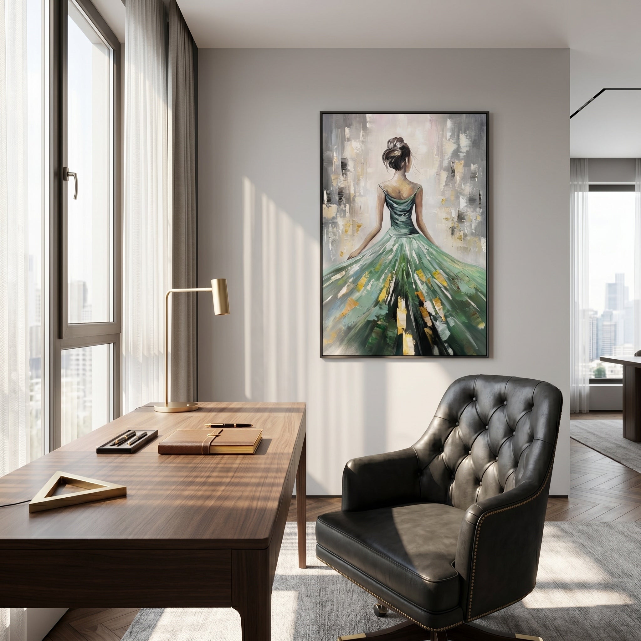 Emerald Radiance – Modern Impressionist Figure Painting | Elegant Woman in Sage Green Gown Bedroom Art