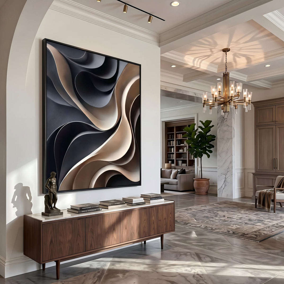 Midnight Curves in Motion – Black Cream Sculptural Abstract Painting | Modern Vertical Wall Art