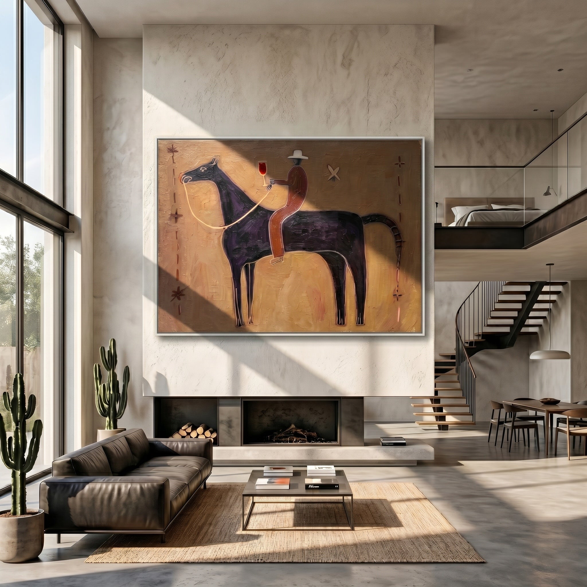 The Midnight Toast – Primitivism Cowboy & Horse Painting | Rustic Modernist Living Room Art