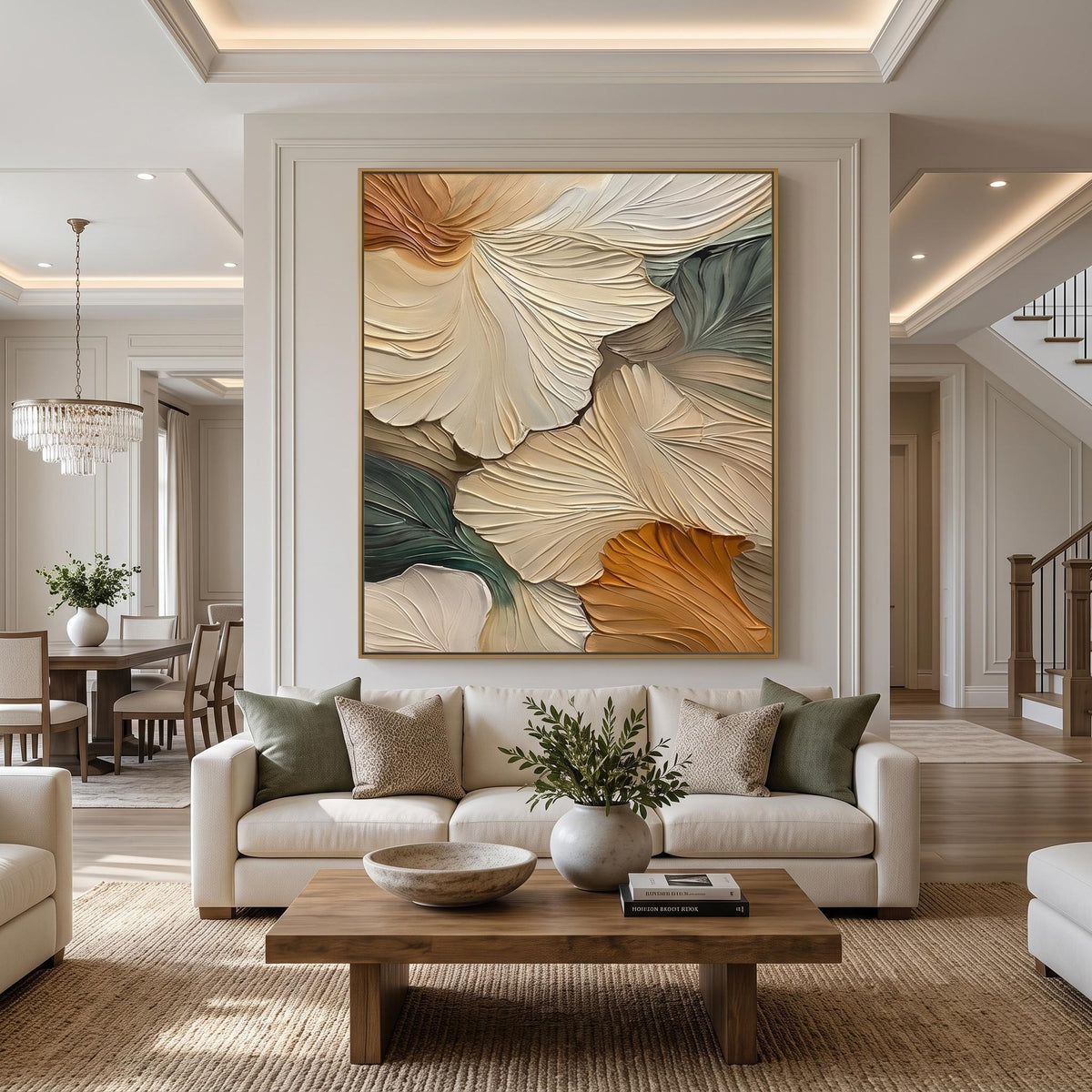 Ginkgo Leaves in Drift – Blue Gold Botanical Abstract Painting | Textured Vertical Wall Art