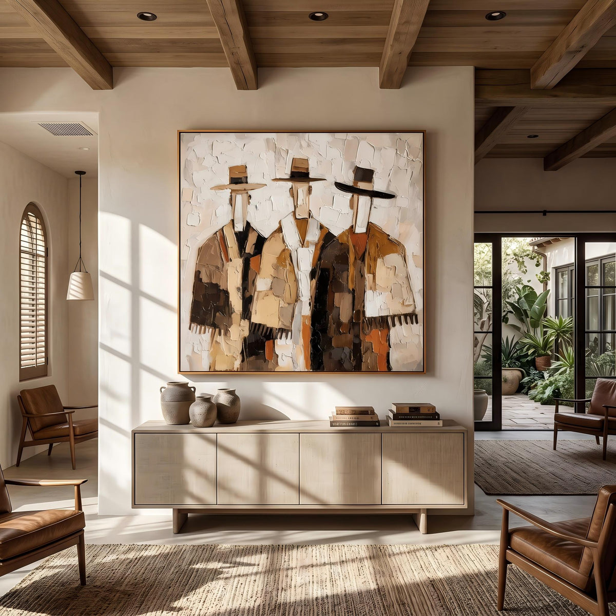 Three Hats at Noon – Textured Three Cowboy Painting | Vintage Americana Square Wall Art