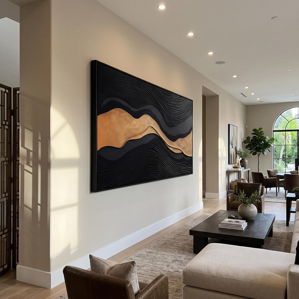 Black River of Gold – Black Gold Layered Abstract Painting | Textured Horizontal Wall Art