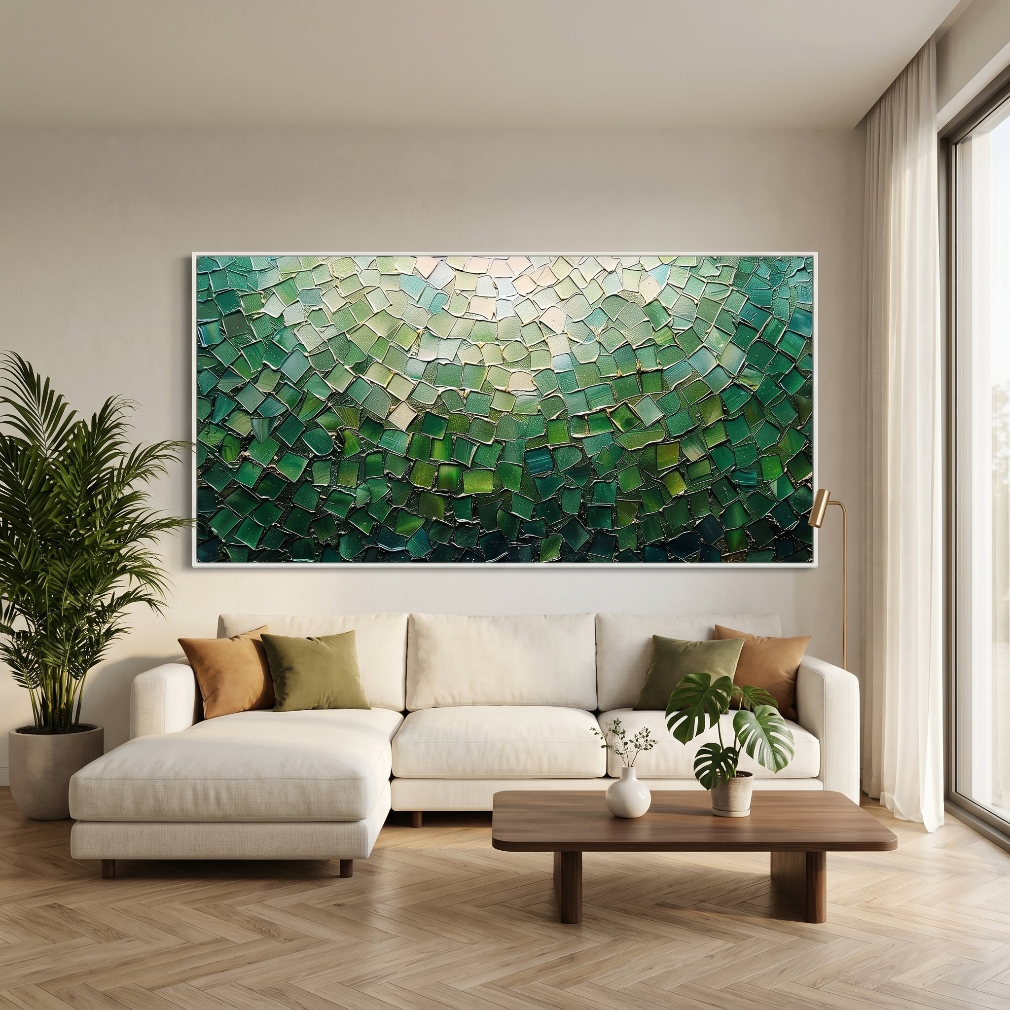 Emerald Scales – Modern Impasto Mosaic Abstract Painting | Luxury Gilded Teal Panorama Living Room Art