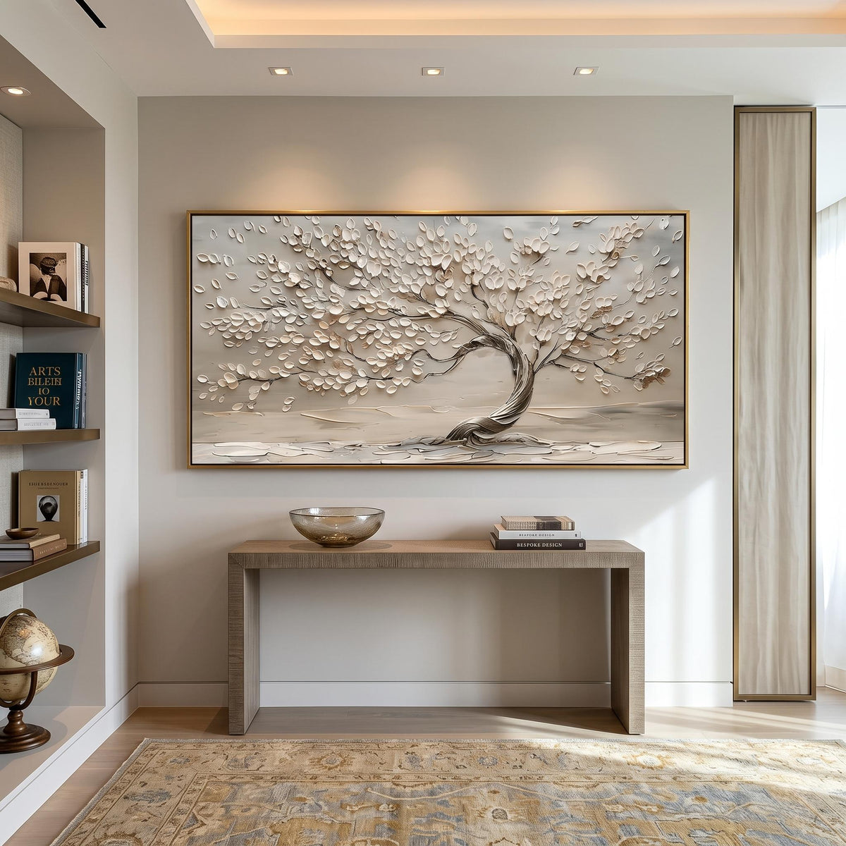 Blossoms Along Silver Branches – White Flower Tree Painting | Textured Horizontal Wall Art