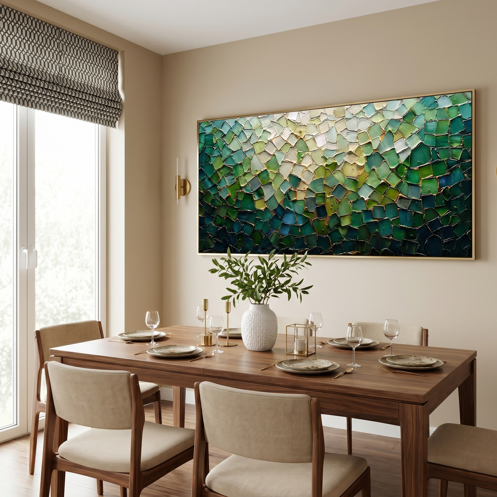 Emerald Mosaic – Modern Luxury Textured Art | Impasto Peacock Green Abstract Living Room Art