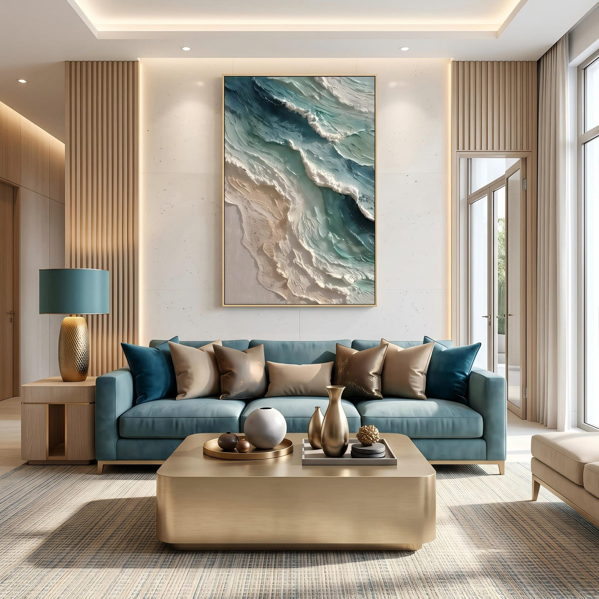 Ocean Crest Meets Sky – Blue Green Coastal Wave Painting | Textured Vertical Wall Art
