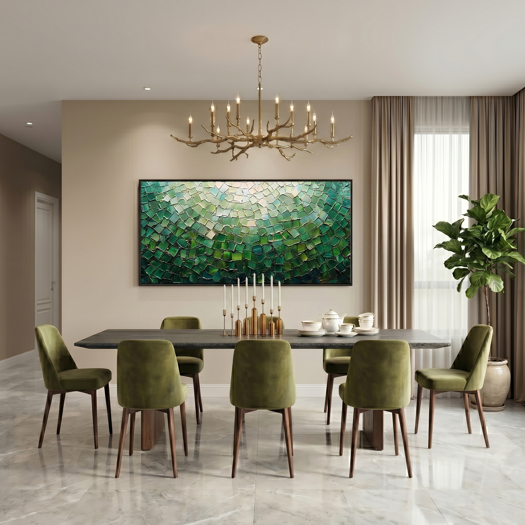 Emerald Scales – Modern Impasto Mosaic Abstract Painting | Luxury Gilded Teal Panorama Living Room Art