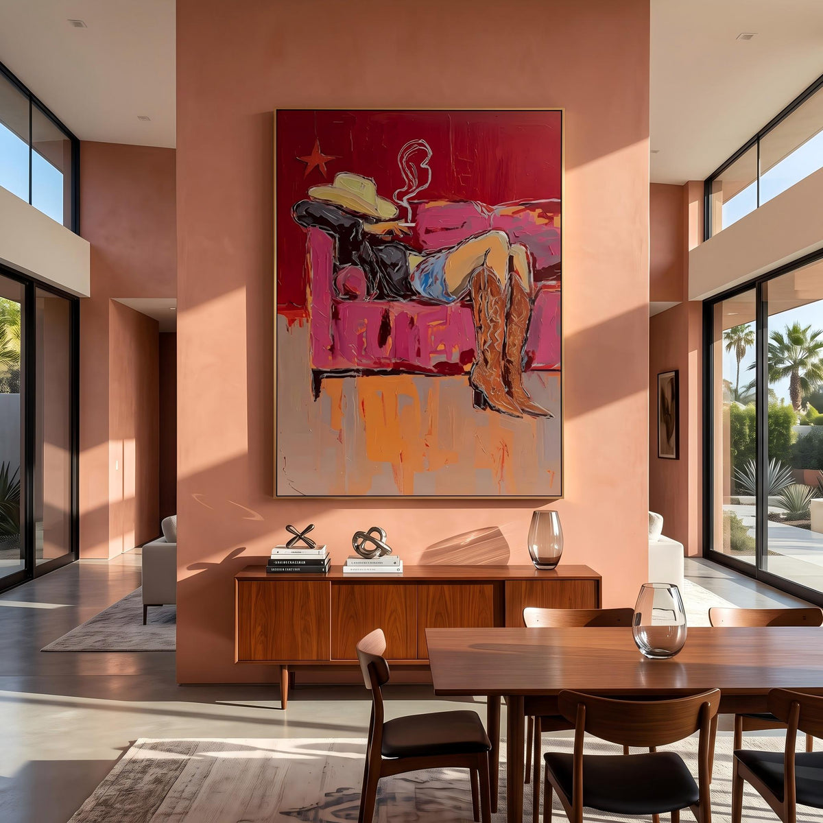 Couch Boots After Sundown – Pop Art Reclining Cowgirl Painting | Red Vertical Wall Art