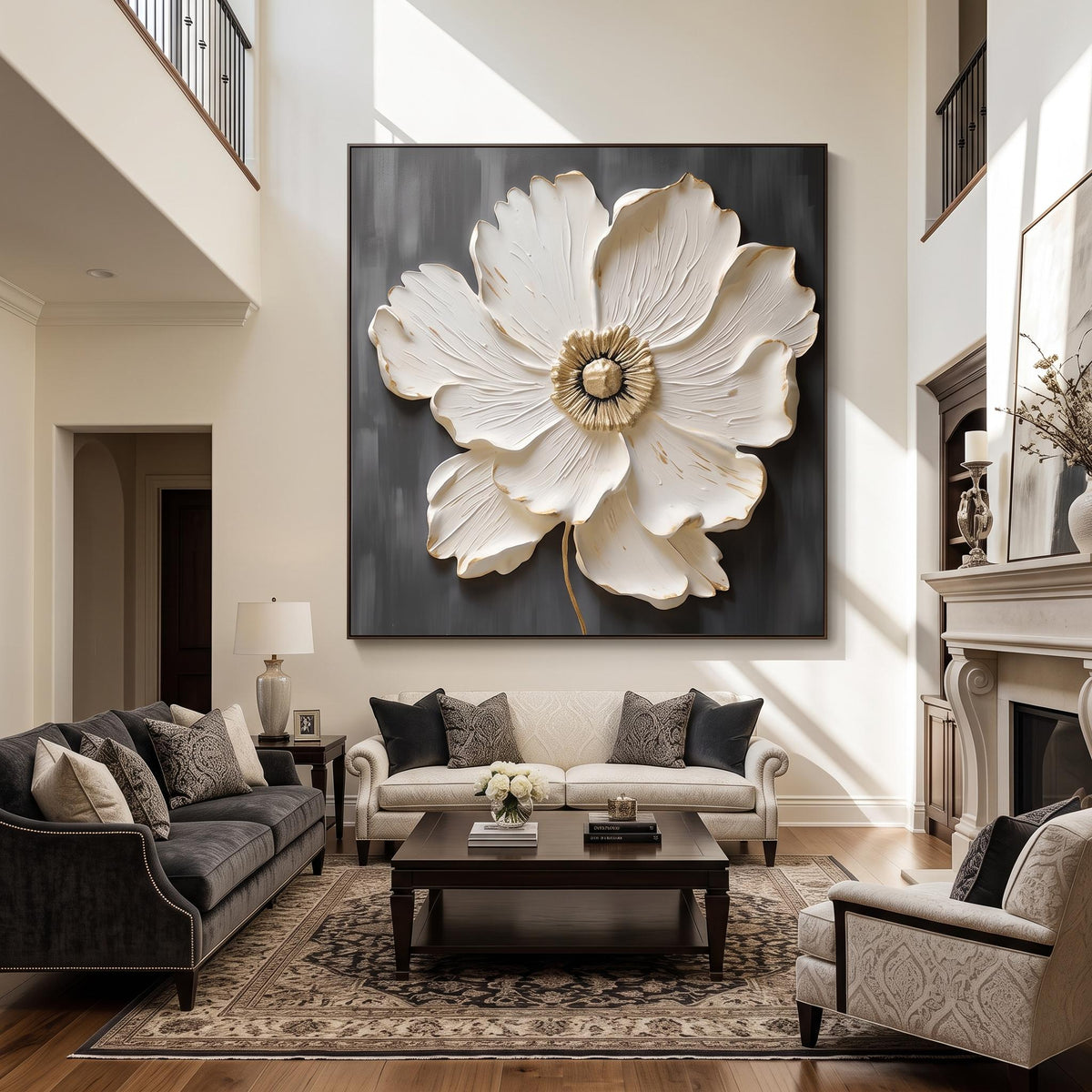 Ivory Blossom Relief – White Gold Floral Painting | Textured Square Wall Art
