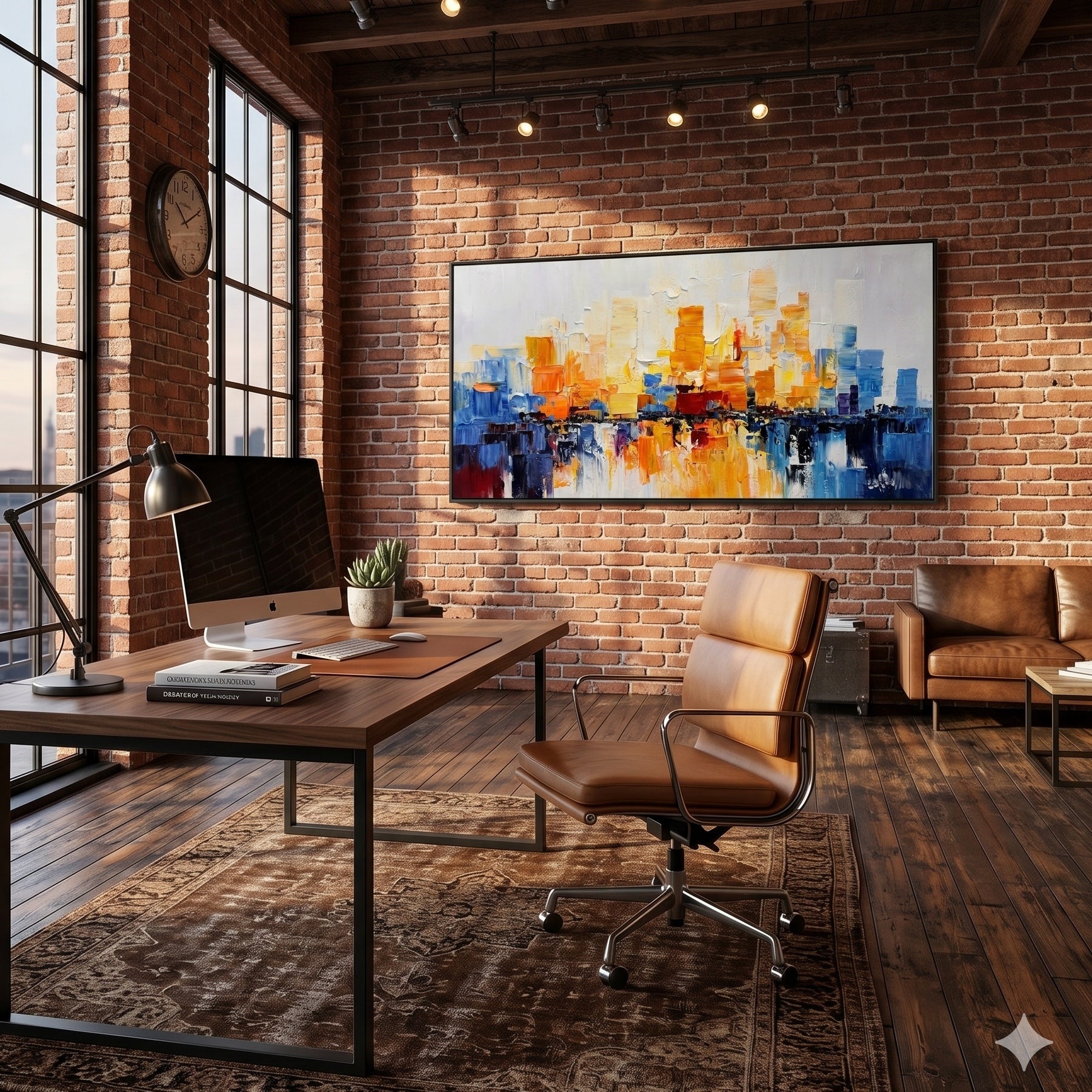 Dawn Metropolis - Modern Abstract Orange and Blue Impasto Cityscape Canvas | Vibrant Living Room Art