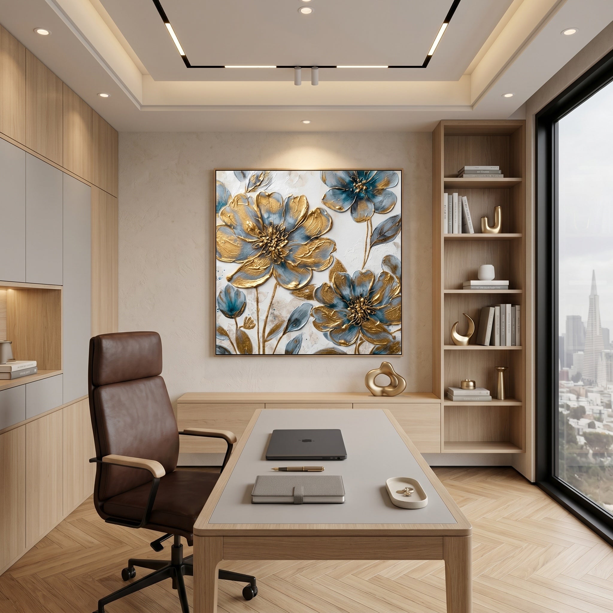 Gilded Azure – Modern Luxury Blue and Gold Impasto Floral Canvas | Elegant Entryway Wall Art