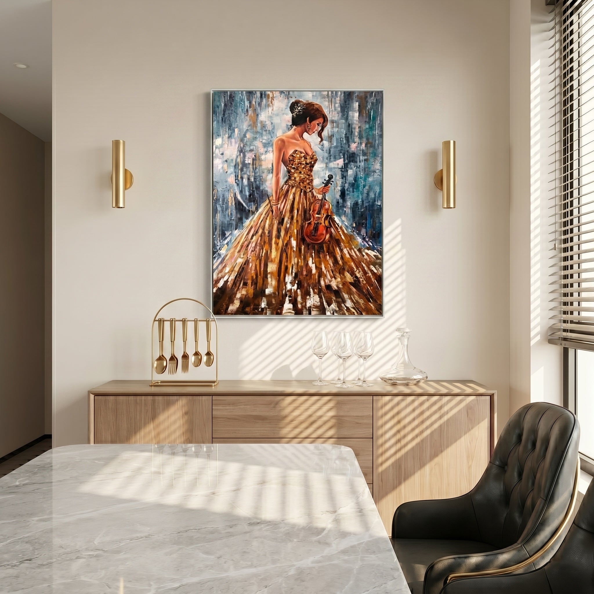 The Golden Prelude – Modern Impressionist Violinist Painting | Elegant Woman in Gold Gown Hallway Art