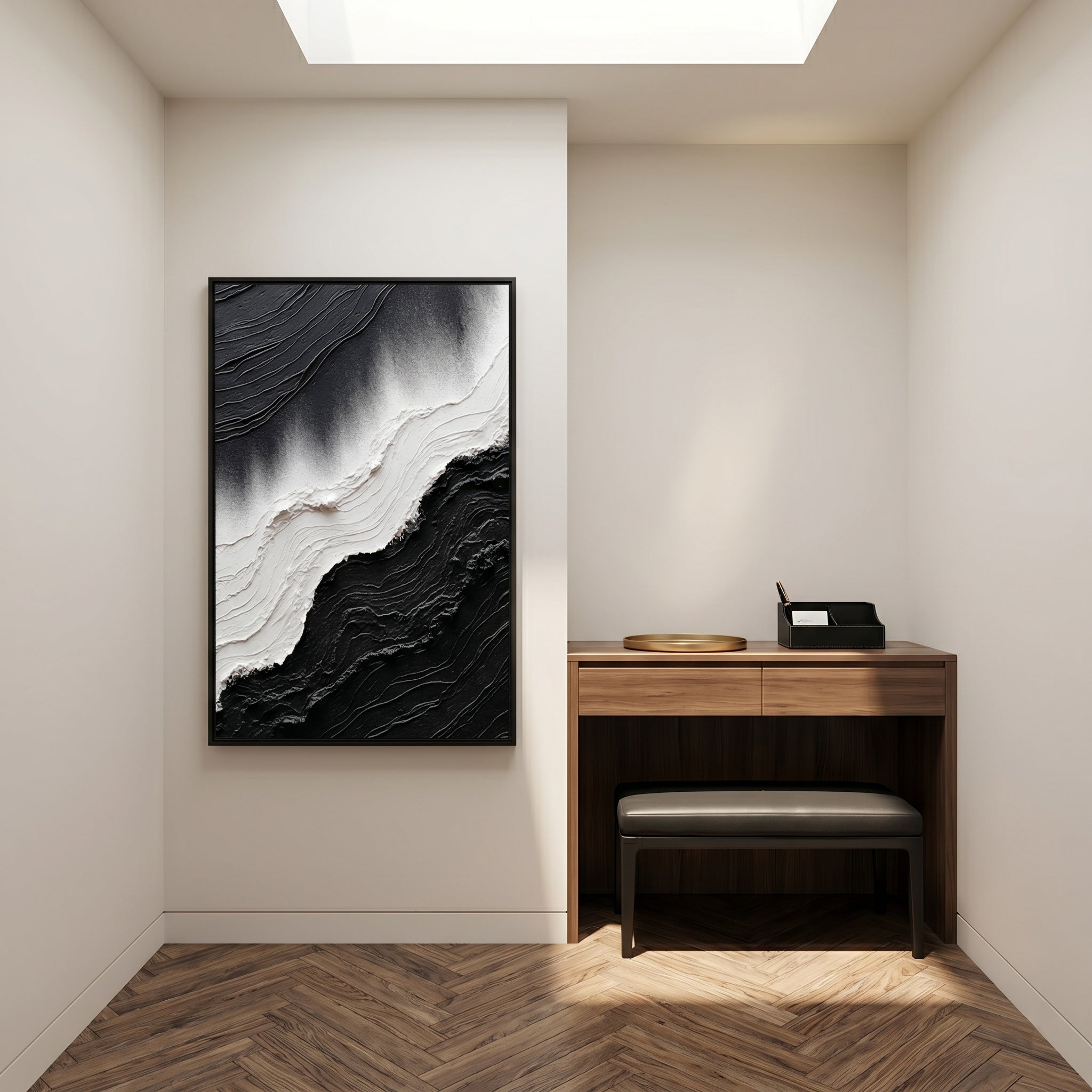 Dark Current – Modern Minimalist Black & White Painting | Textured Wabi-Sabi Abstract Hallway Art