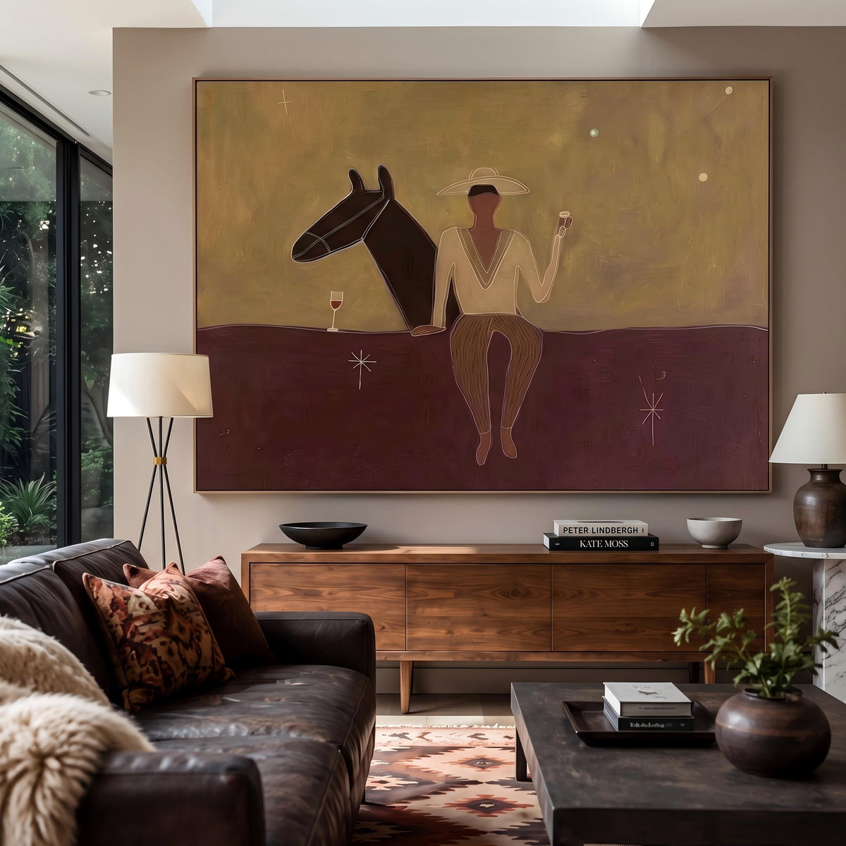 Rider Resting on Chestnut – Minimalist Cowboy Horse Painting | Warm Horizontal Western Wall Art