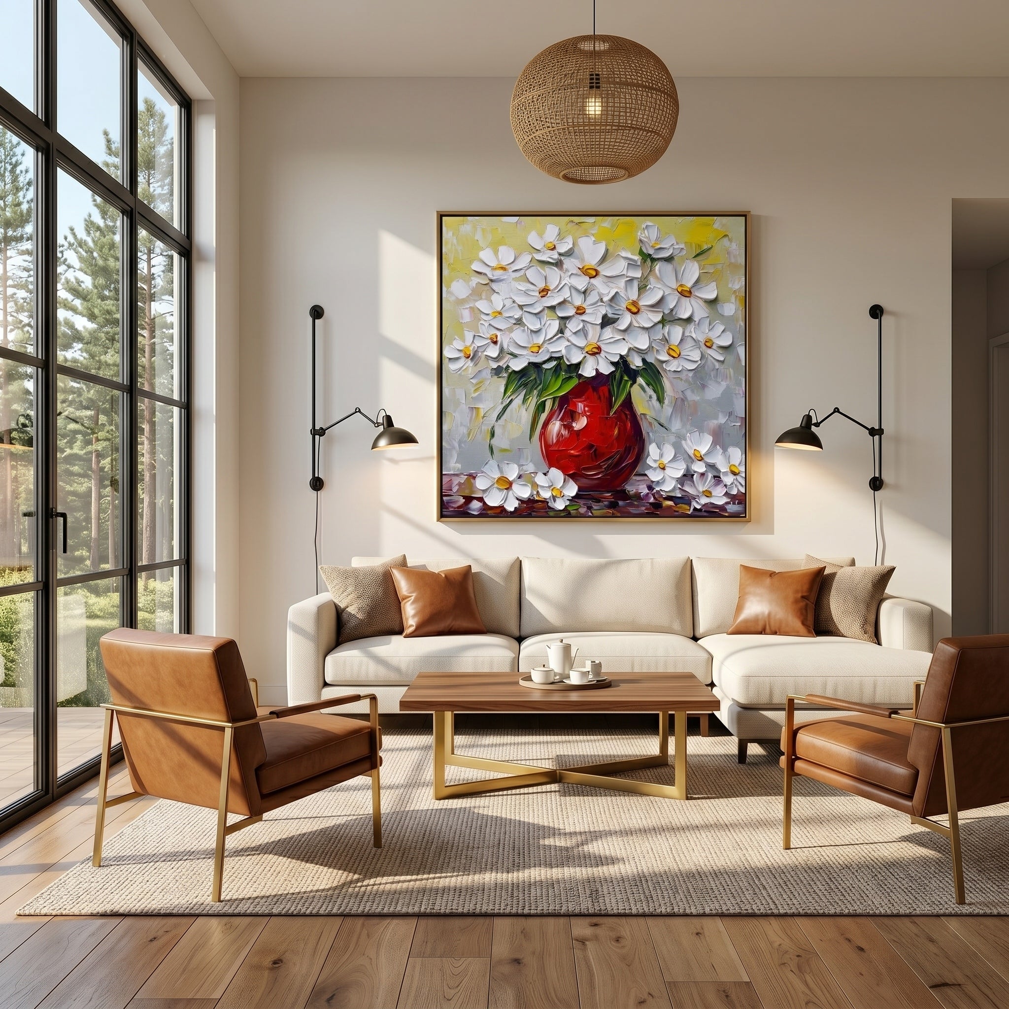 Ode to Midsummer – Impasto Painting of a Red Vase with White Chrysanthemums | Rustic-Style Entryway Art