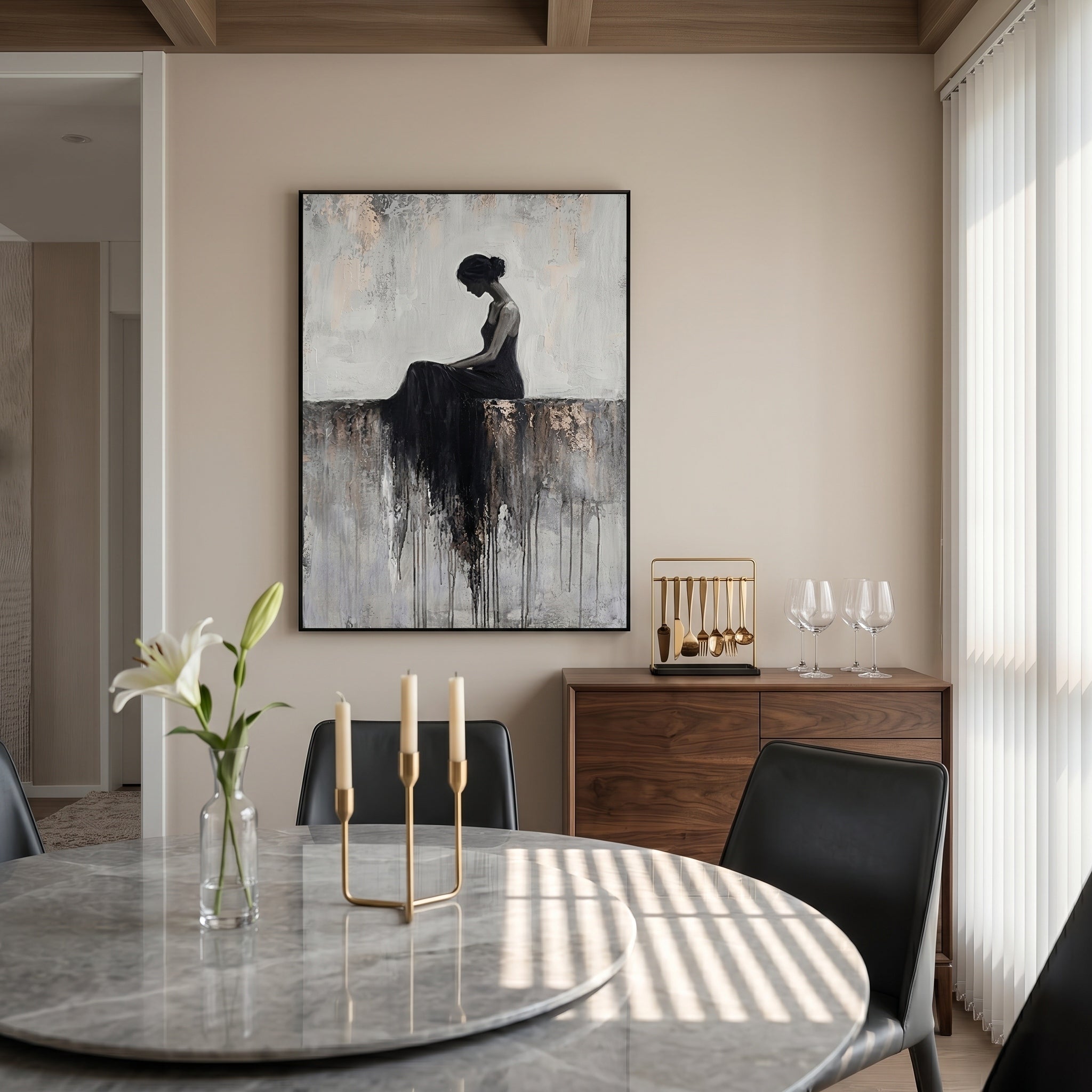 Soul's Sanctuary – Modern Figurative Impasto Black Dress Painting | Minimalist Bedroom Wall Art