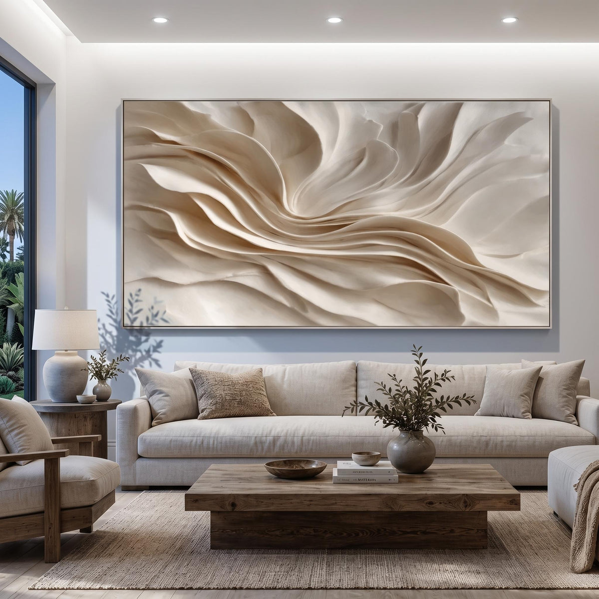 Ivory Folds in Bloom – Cream Sculptural Abstract Painting | Textured Horizontal Wall Art
