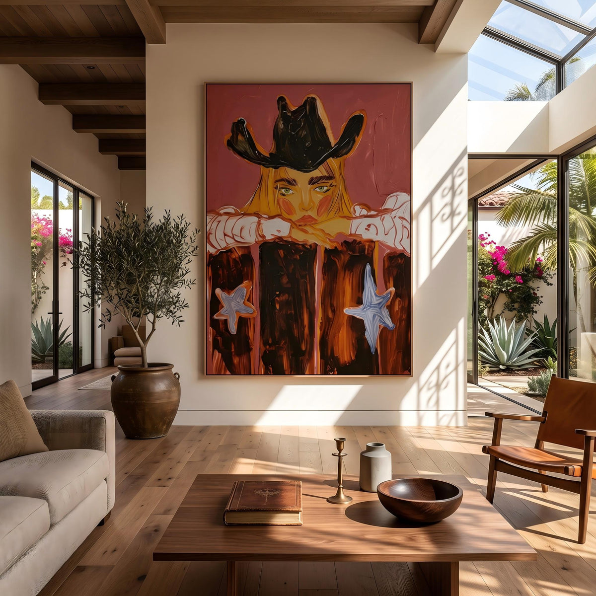 Cowboy Leans Through Sunset – Pop Art Western Figure Painting | Warm Red Vertical Wall Art