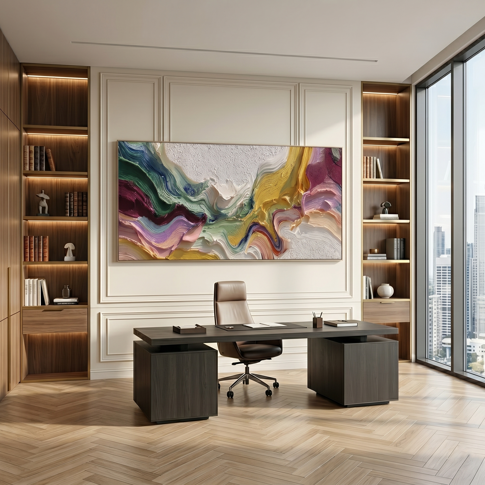 Chromatic Echo – Modern Impasto Heavy Texture Abstract Painting | Bohemian Horizontal Living Room Art