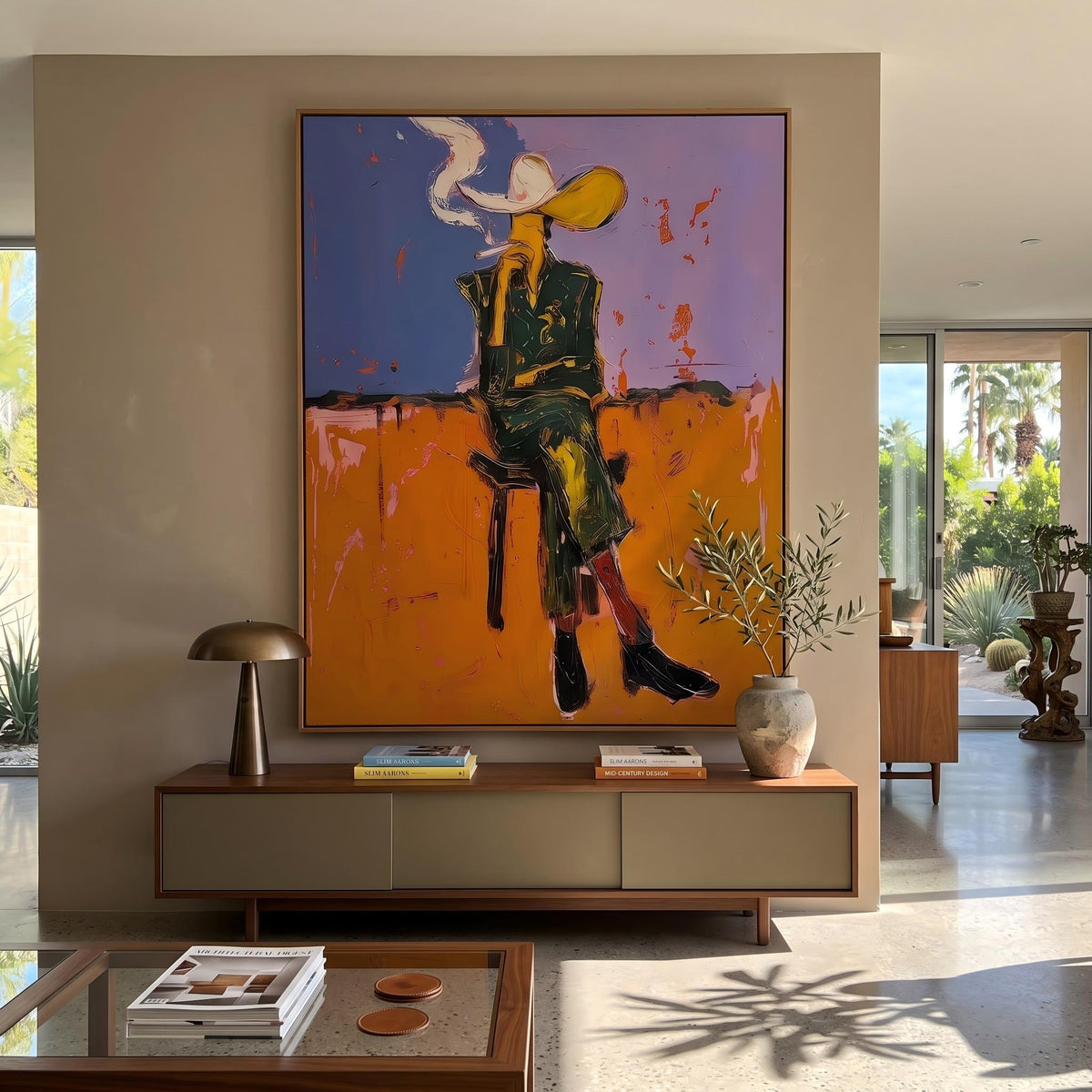 Smoke Rises Past Spurs – Pop Art Smoking Cowboy Painting | Bold Orange Vertical Wall Art