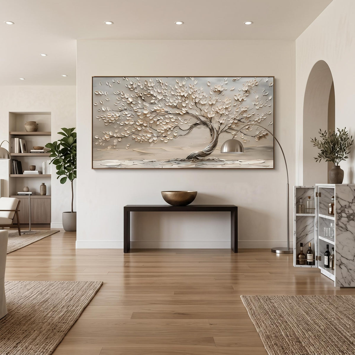 Blossoms Along Silver Branches – White Flower Tree Painting | Textured Horizontal Wall Art