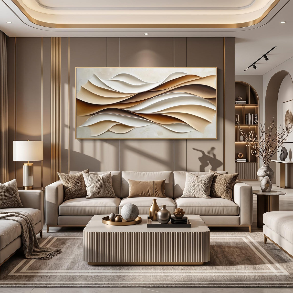 Sand Waves in Relief – Cream Brown Layered Abstract Painting | Wabi-Sabi Horizontal Wall Art