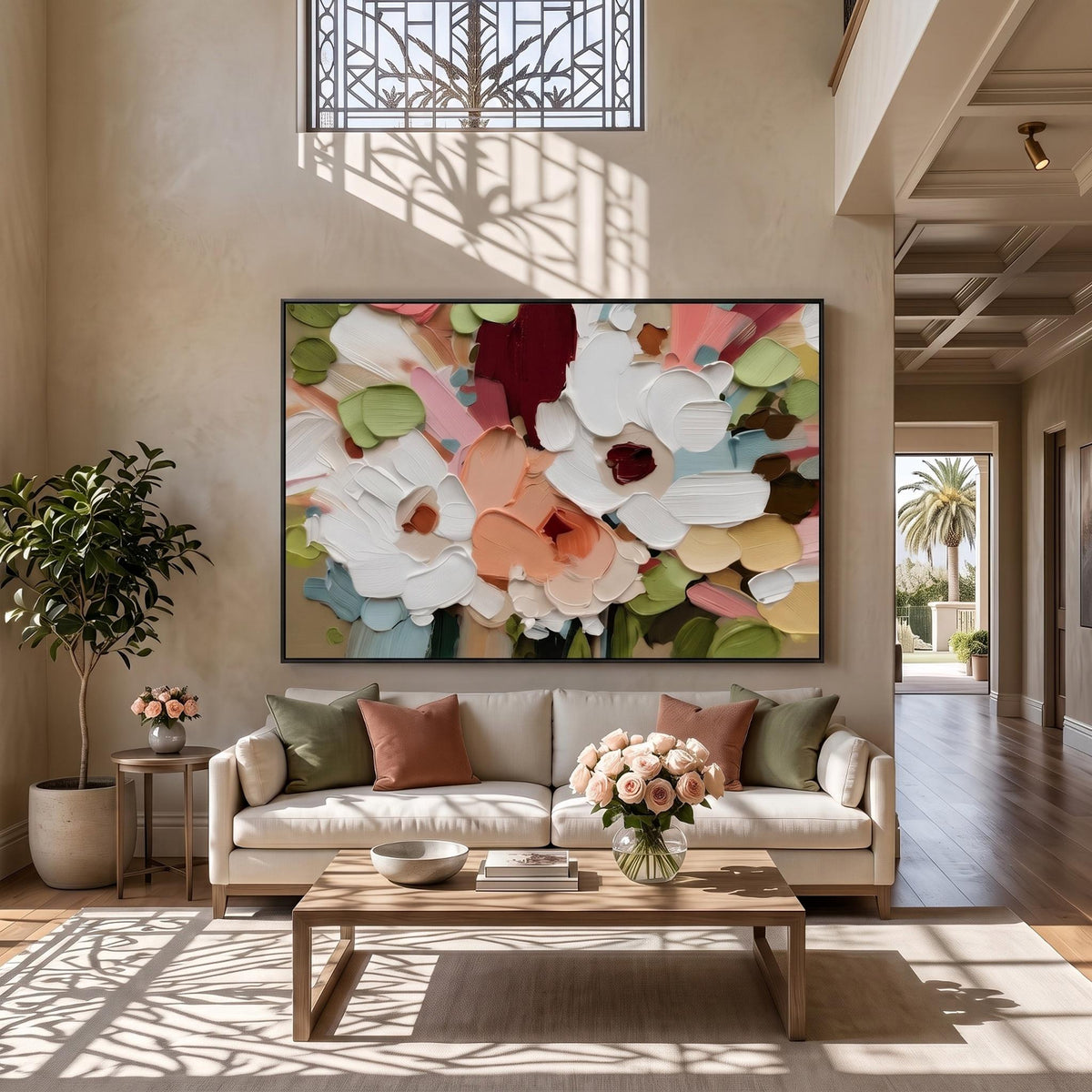 Petals Across Morning Light – Colorful Floral Painting | Textured Horizontal Living Room Wall Art