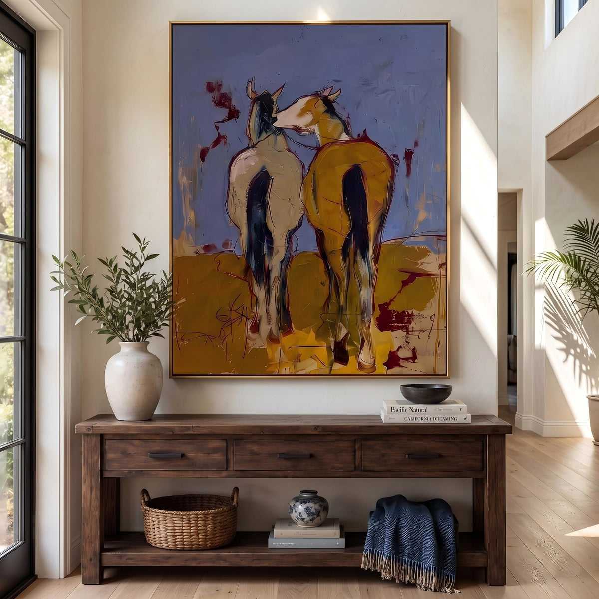 Wild Companions Cross Twilight – Pop Art Western Riders Painting | Colorful Vertical Wall Art