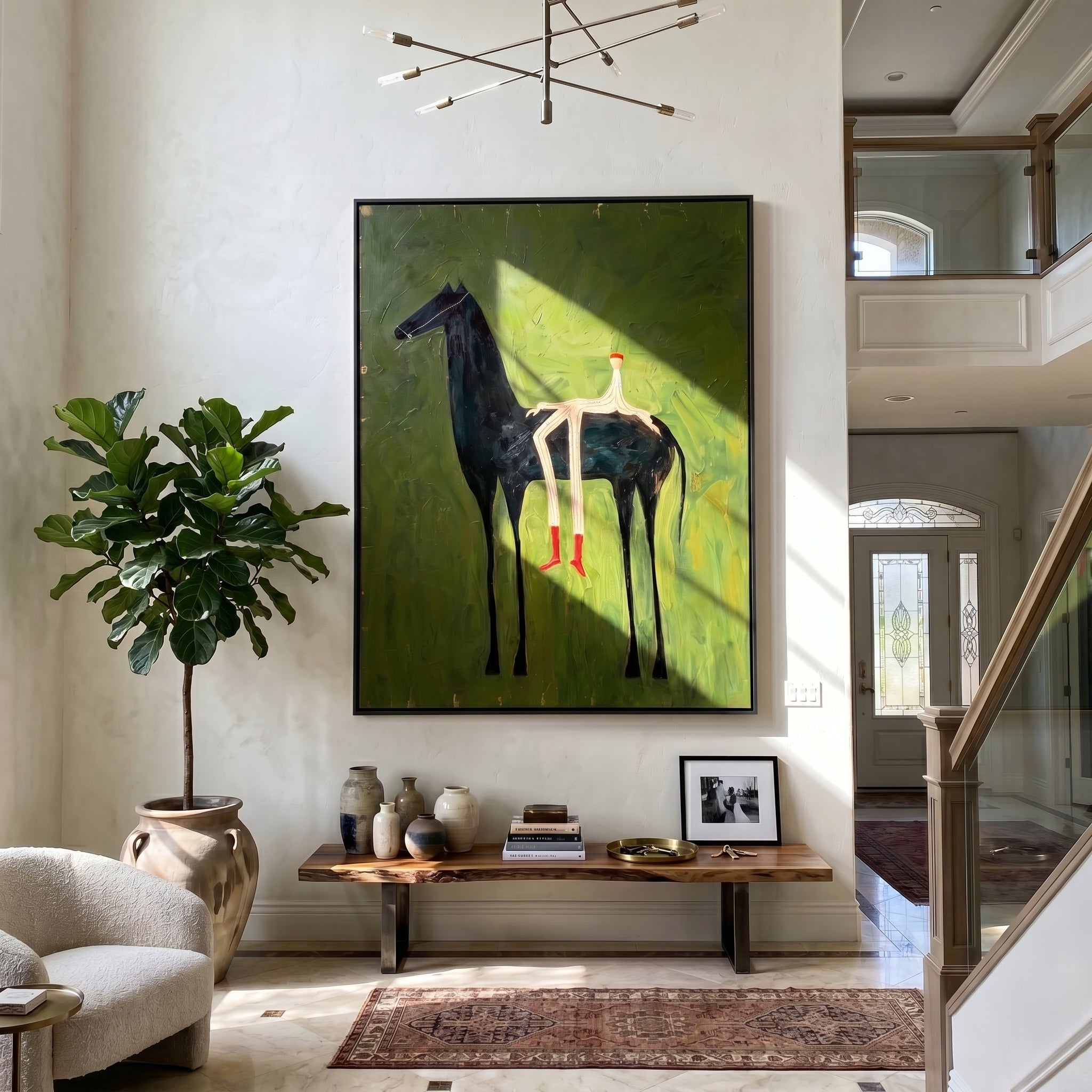 The Solitary Dreamer – Surrealistic Black Horse & Red Boots Painting | Modern Minimalist Living Room Art