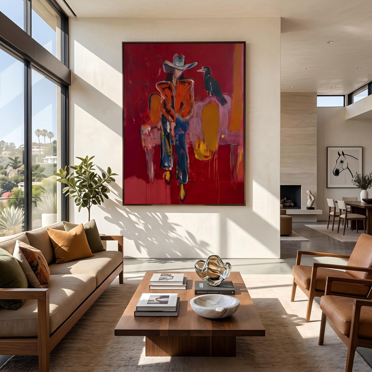 Crow Watches Scarlet Riders – Pop Art Western Figures Painting | Bold Red Vertical Wall Art