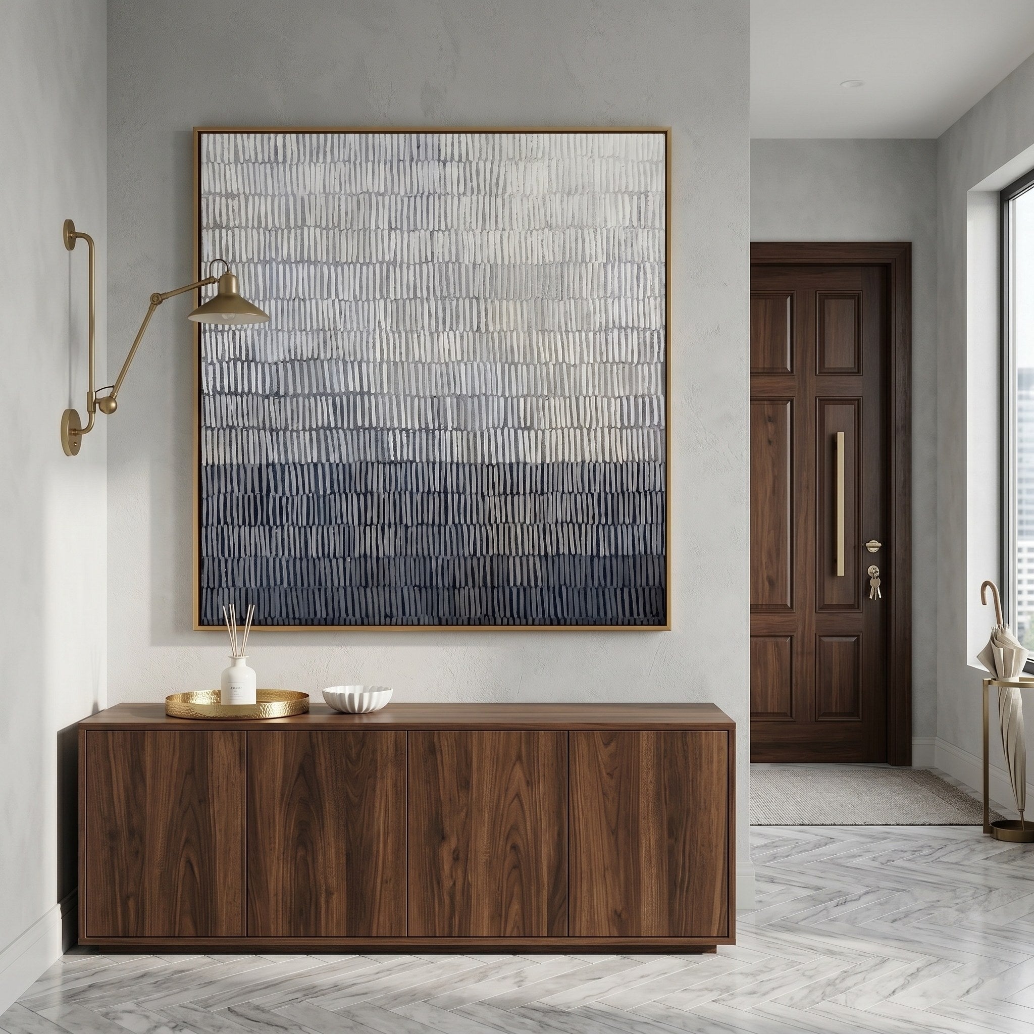 Silent Echo – Wabi-Sabi Monochromatic Gradient Abstract | Minimalist Linear Texture Hallway Art