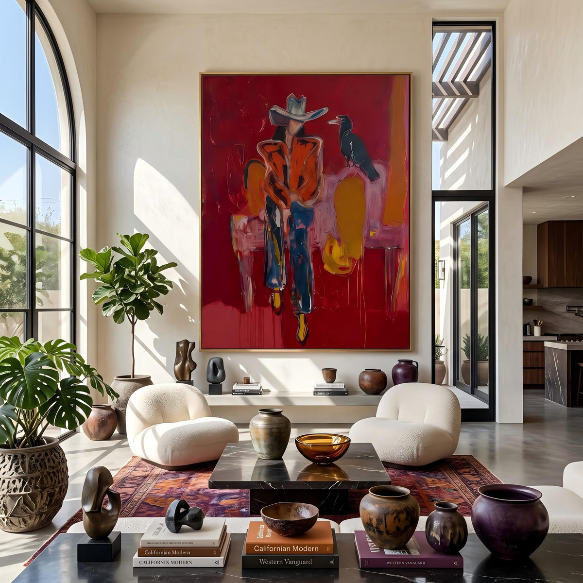 Crow Watches Scarlet Riders – Pop Art Western Figures Painting | Bold Red Vertical Wall Art