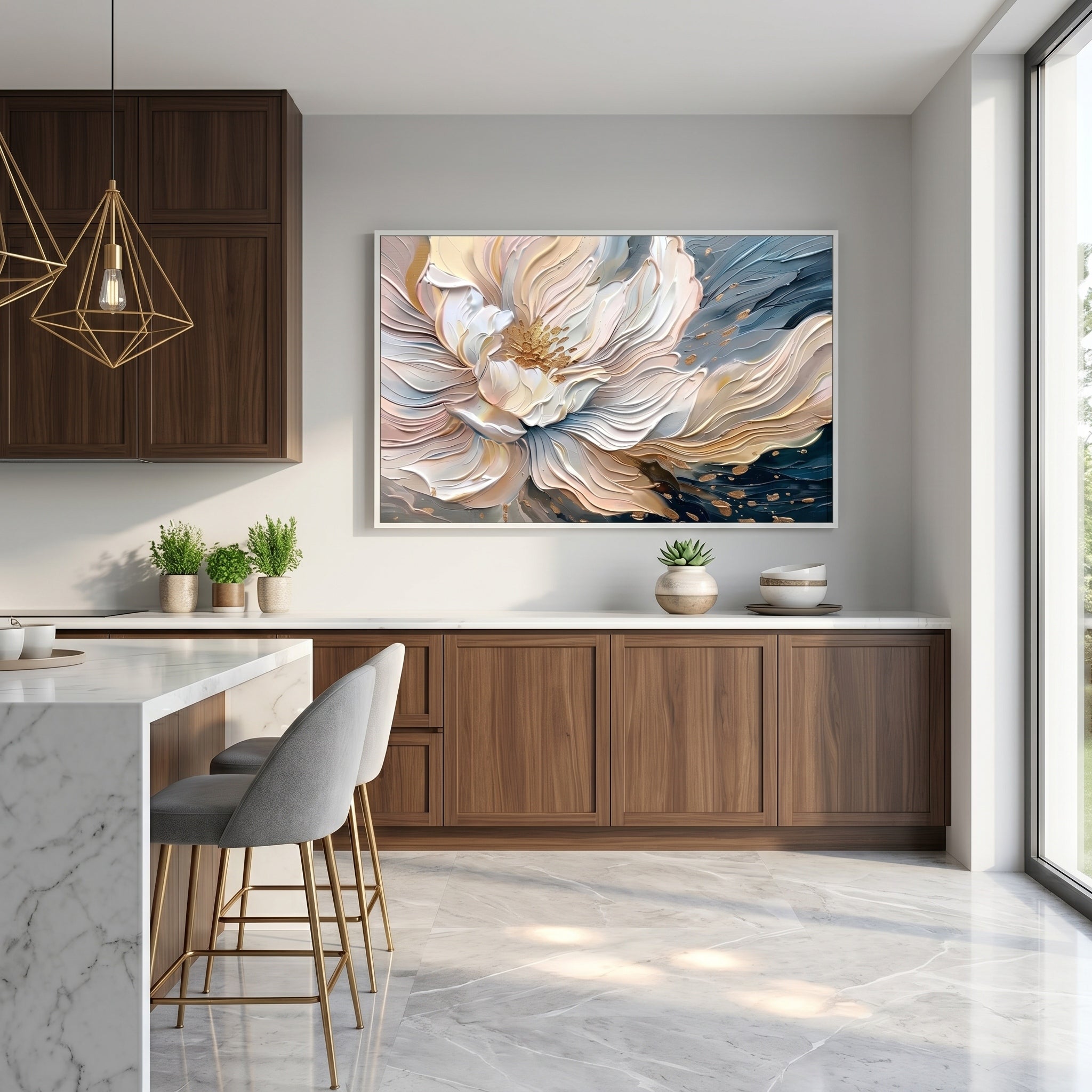 Flowing Gilt – Modern Luxury Abstract Floral Impasto Canvas | Elegant Living Room Wall Art