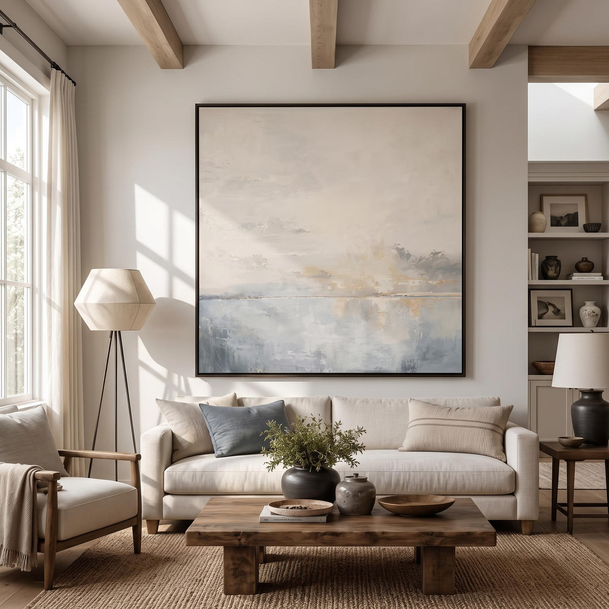 Horizon Fades to Pearl – Hazy Neutral Seascape Painting | Minimalist Square Wall Art