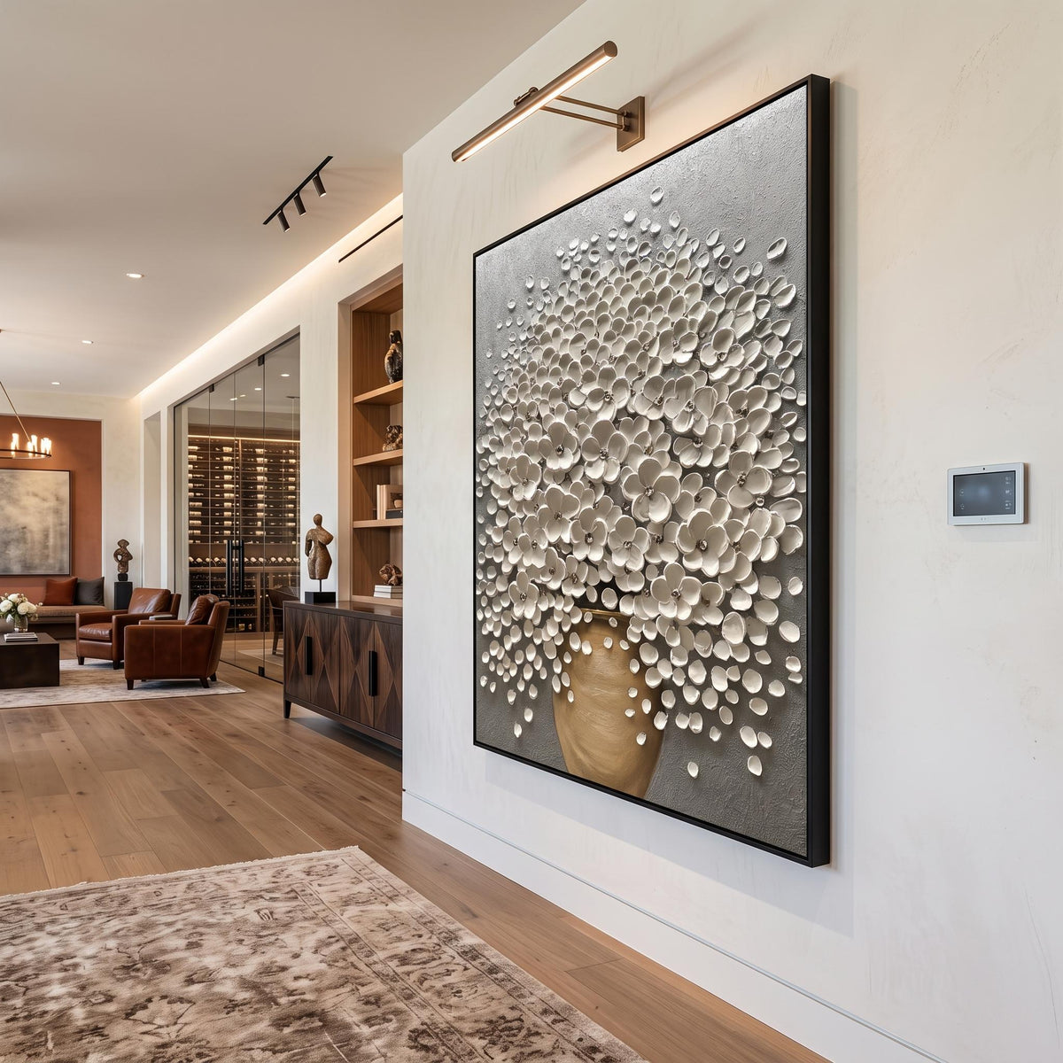 Pearl Canopy Rising – White Blossom Tree Painting | Textured Vertical Wall Art