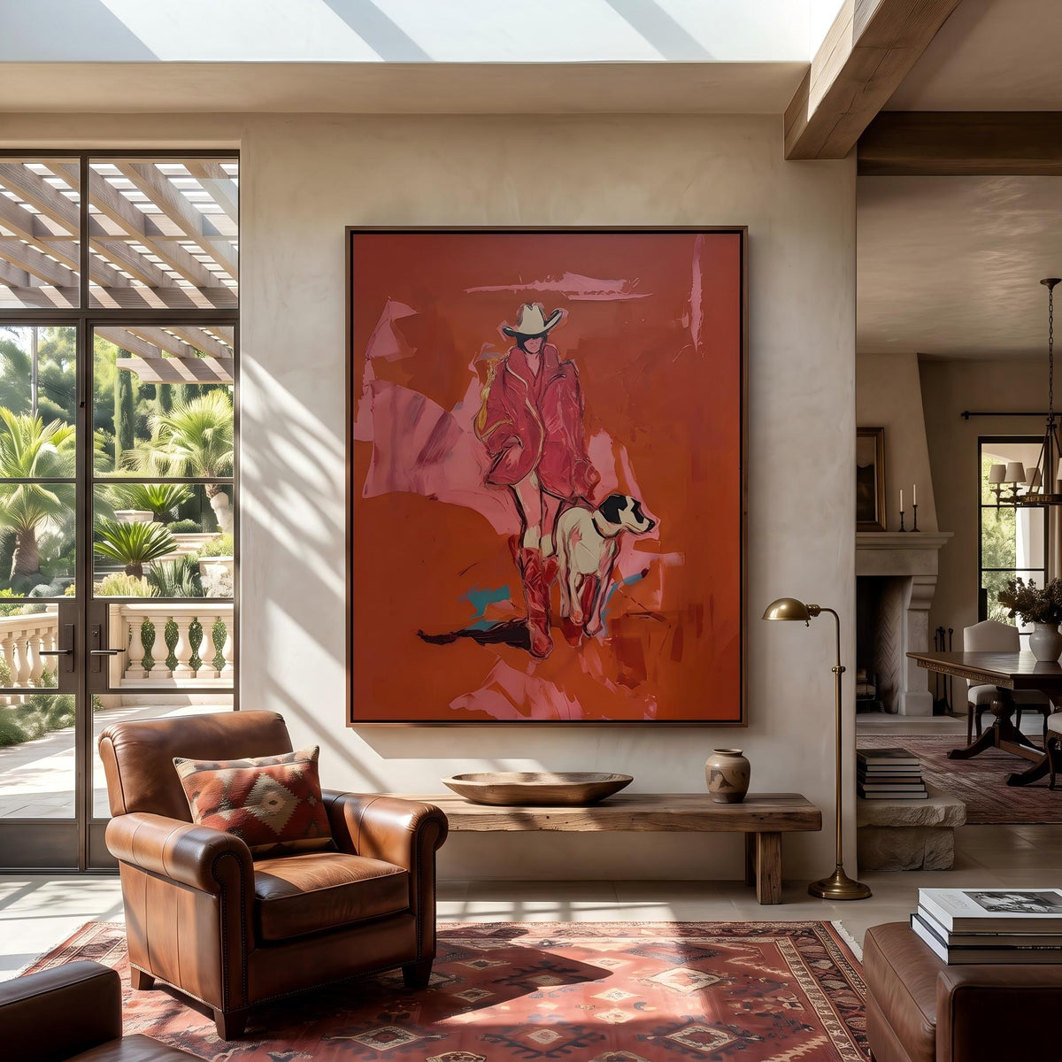 Cowgirl Trails With Dog – Pop Art Cowgirl and Dog Painting | Warm Red Vertical Wall Art