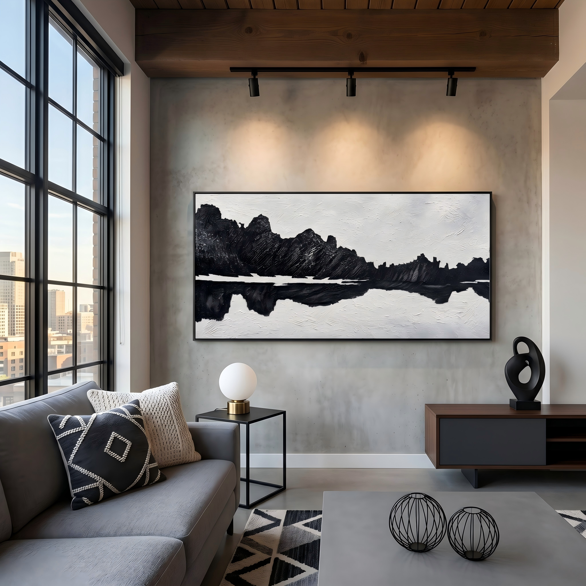 Silent Peaks – Black & White Minimalist Impasto Mountain Reflection | Modern Wabi-Sabi Office Art