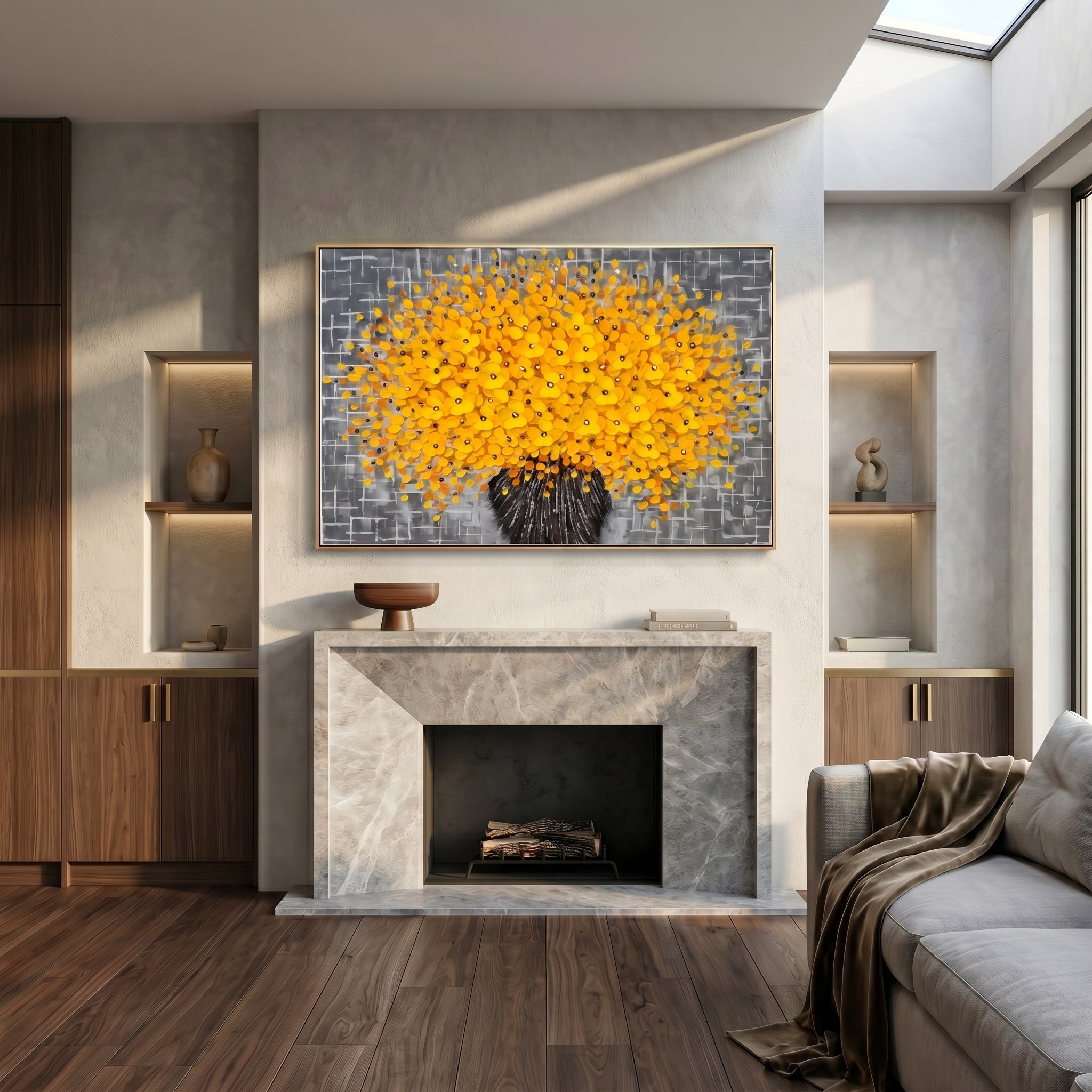 Golden Bloom – Grey & Yellow Impasto Abstract Floral Oil Painting | Modern Luxury Living Room Art