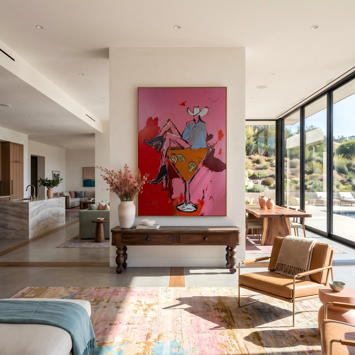 Two Cowgirls Leave Town – Pop Art Cowgirl Road Trip Painting | Pink Vertical Wall Art