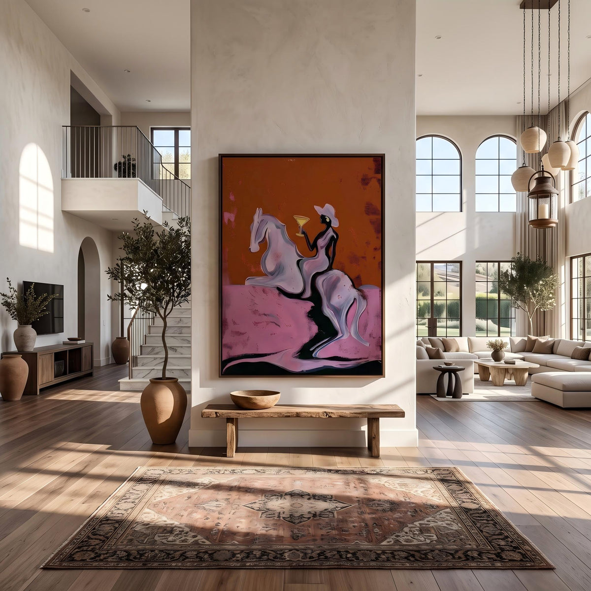 Pink Clouds Carry Rider – Pop Art Cowboy Horse Painting | Playful Orange Vertical Wall Art