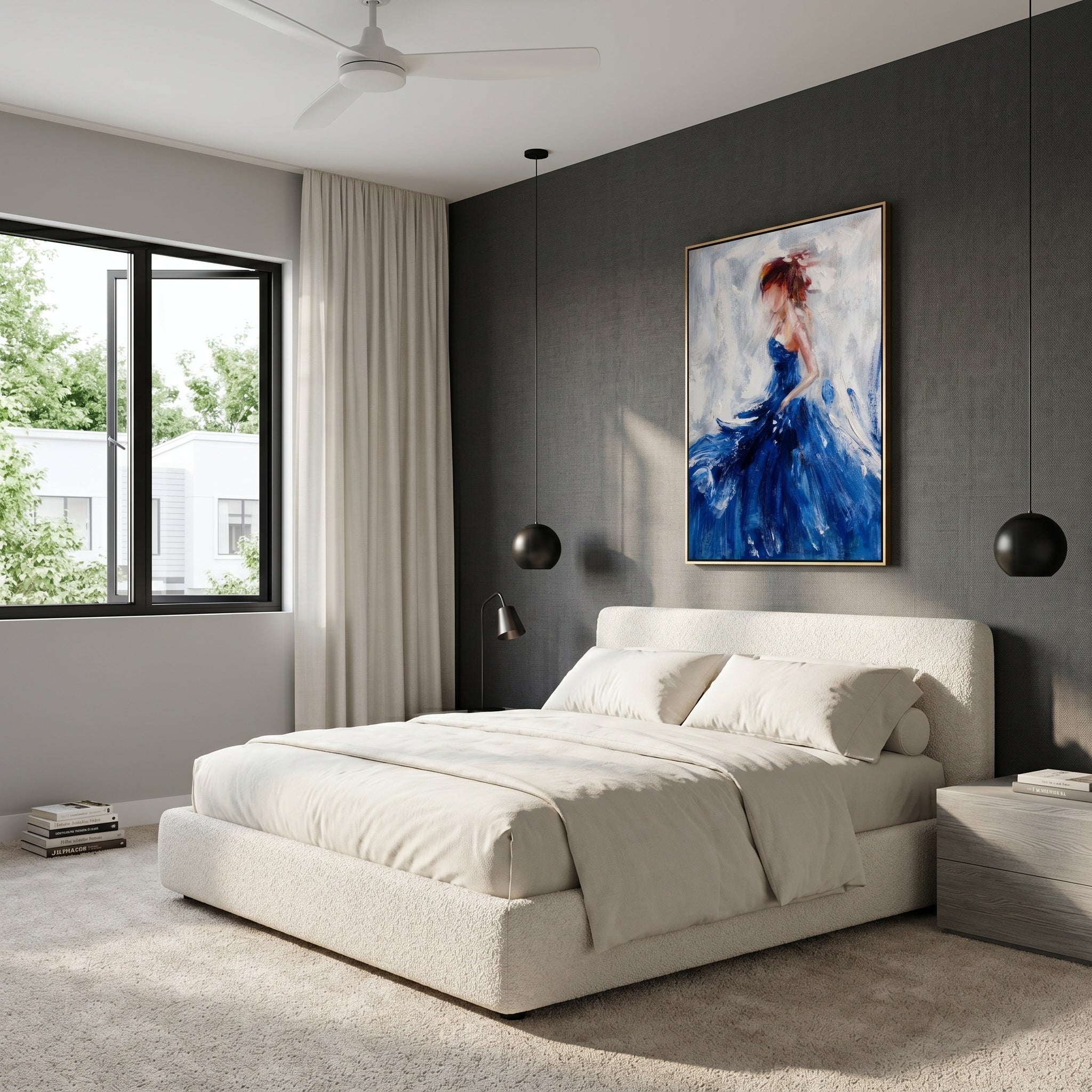 Azure Silhouette – Modern Impressionist Figure Oil Painting | Elegant Woman in Blue Gown Bedroom Art