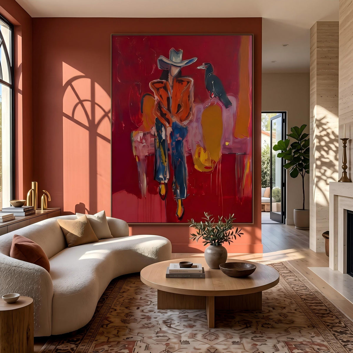 Crow Watches Scarlet Riders – Pop Art Western Figures Painting | Bold Red Vertical Wall Art