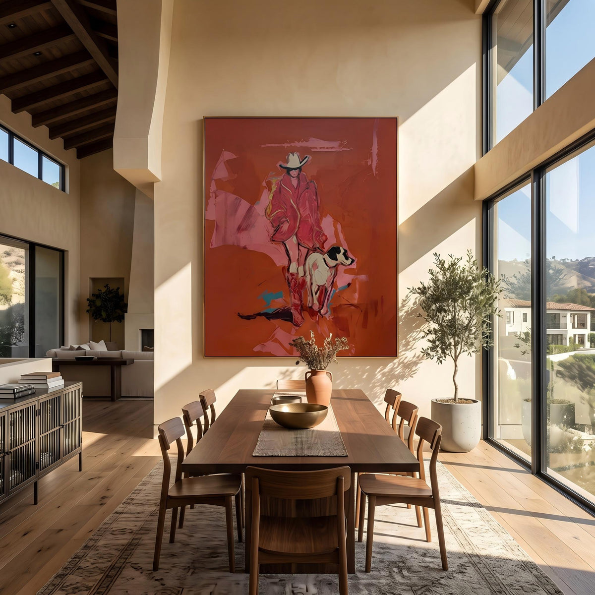 Cowgirl Trails With Dog – Pop Art Cowgirl and Dog Painting | Warm Red Vertical Wall Art