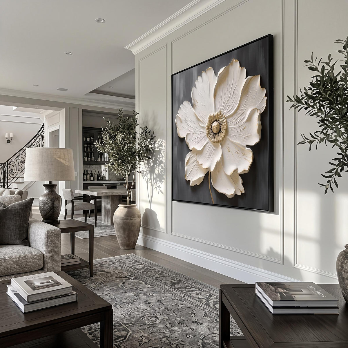Ivory Blossom Relief – White Gold Floral Painting | Textured Square Wall Art