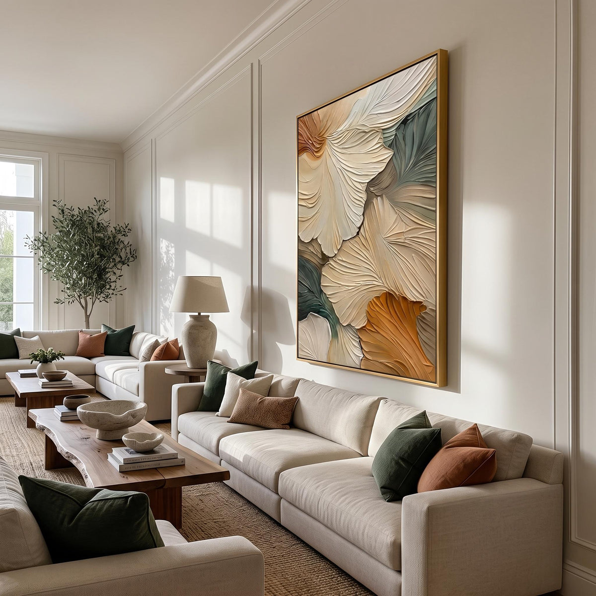 Ginkgo Leaves in Drift – Blue Gold Botanical Abstract Painting | Textured Vertical Wall Art