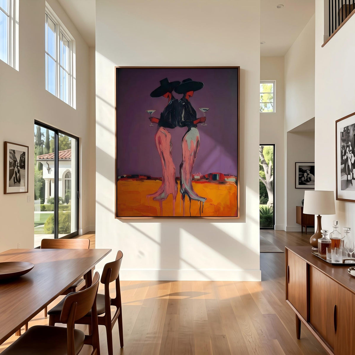 Two Cowgirls After Sunset – Pop Art Western Women Painting | Bold Purple Vertical Wall Art