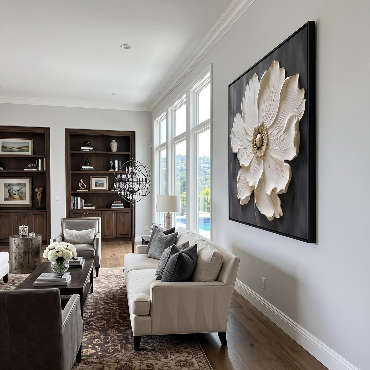 Ivory Blossom Relief – White Gold Floral Painting | Textured Square Wall Art