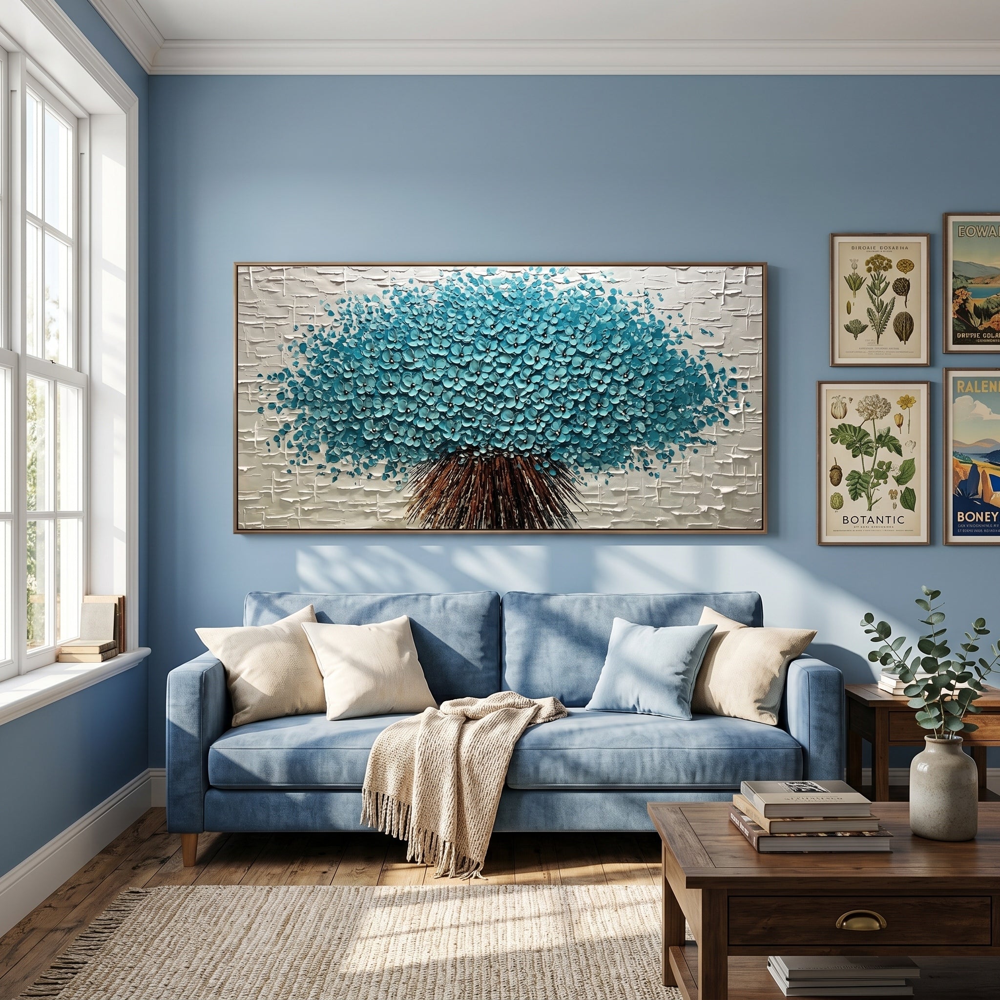Cerulean Symphony – Modern Heavy Impasto Teal Bouquet | Sophisticated Horizontal Living Room Art