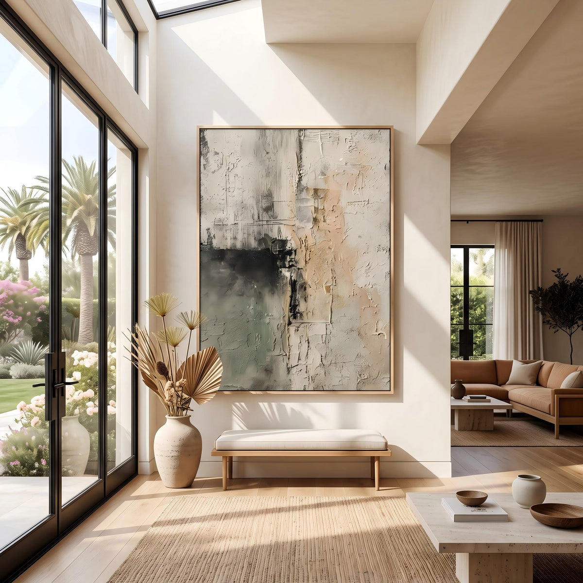 Sage Weathered Passage – Green Beige Wabi-Sabi Abstract Painting | Vertical Wall Art